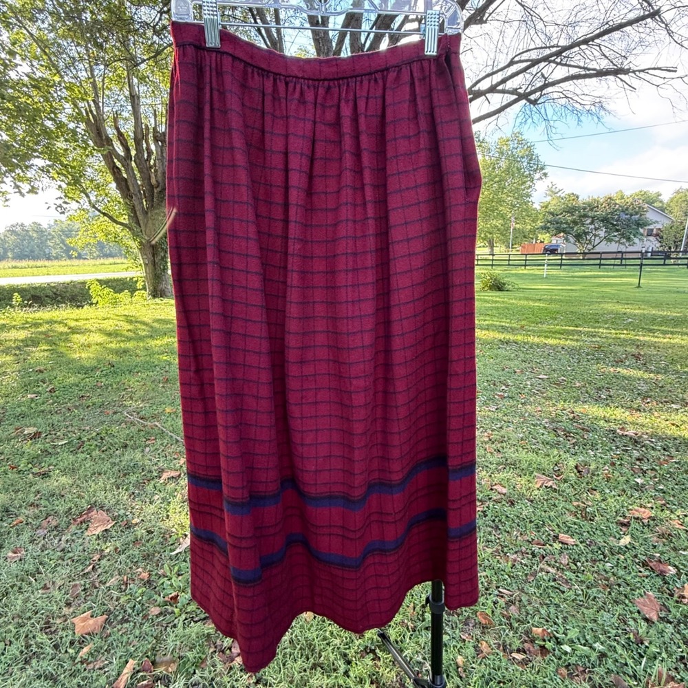 Gloria Sachs 70/80s Vintage Maxi Skirt Burgundy Plaid Wool Blend Union Made USA